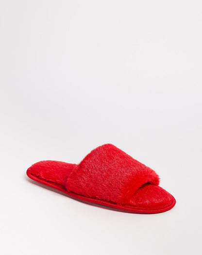  Plush Open Toe Mule Slippers Wide E Fit| Width - E| Red
