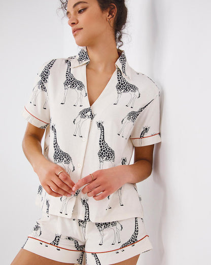  Chelsea Peers Jersey Giraffe Short Pyjama Set| Cream Print