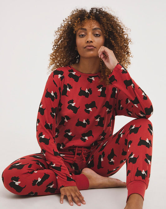 Exclusive To Us Chelsea Peers Jersey Scotty Dog Crew PJ Set| Red Multicolour
