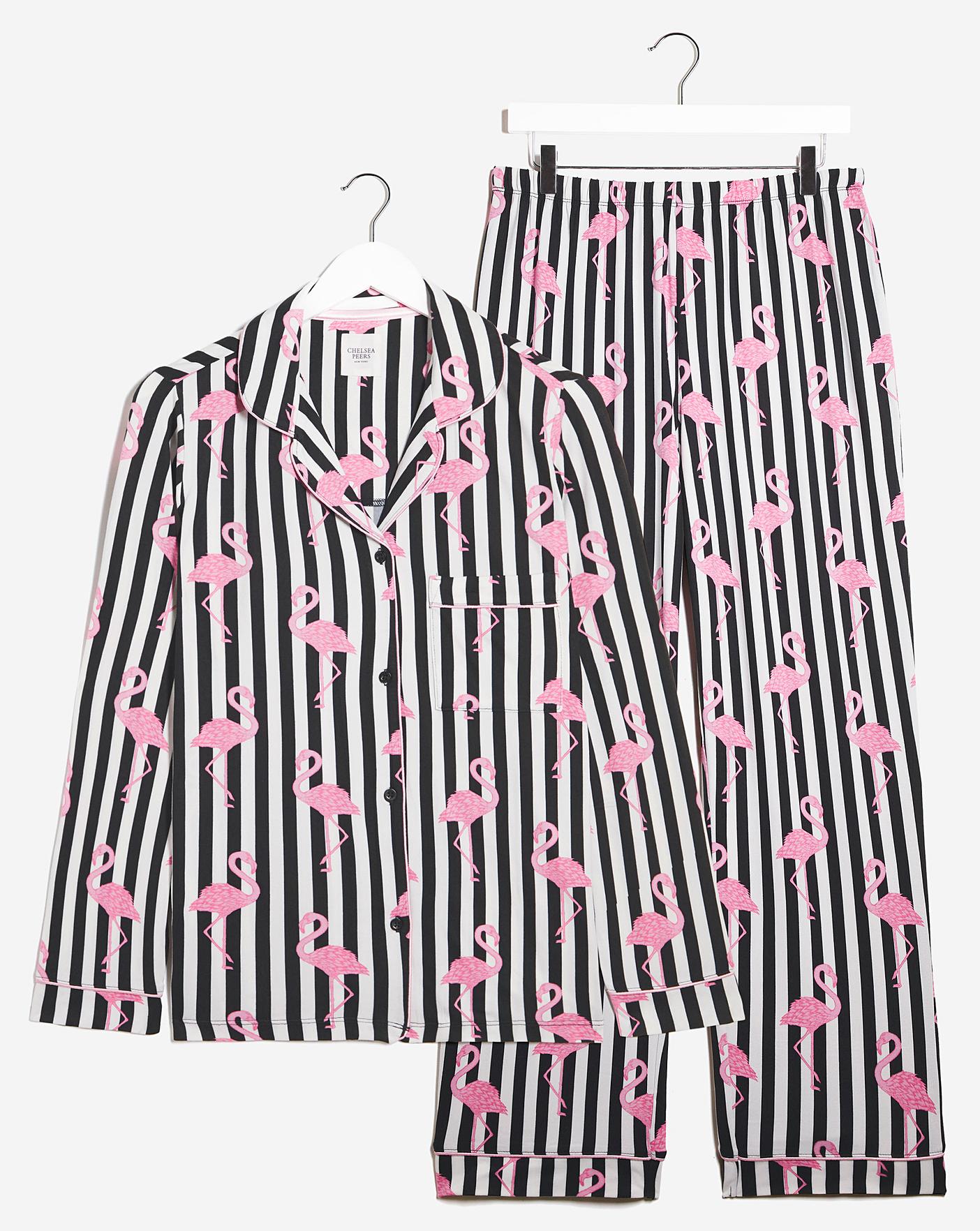  Exclusive To Us Chelsea Peers Jersey Flamingo Print Button Up Pyjama Set| Navy Stripe