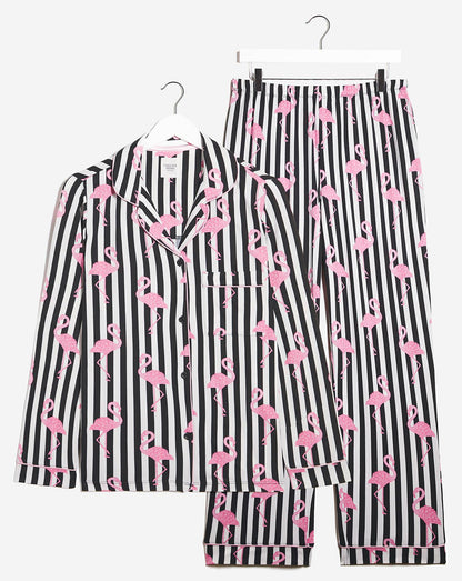  Exclusive To Us Chelsea Peers Jersey Flamingo Print Button Up Pyjama Set| Navy Stripe