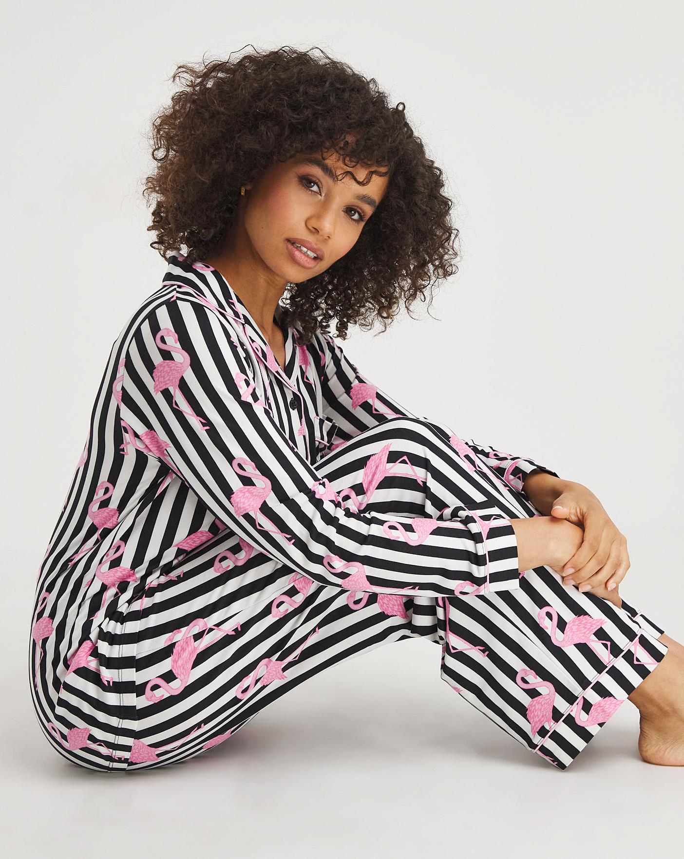  Exclusive To Us Chelsea Peers Jersey Flamingo Print Button Up Pyjama Set| Navy Stripe