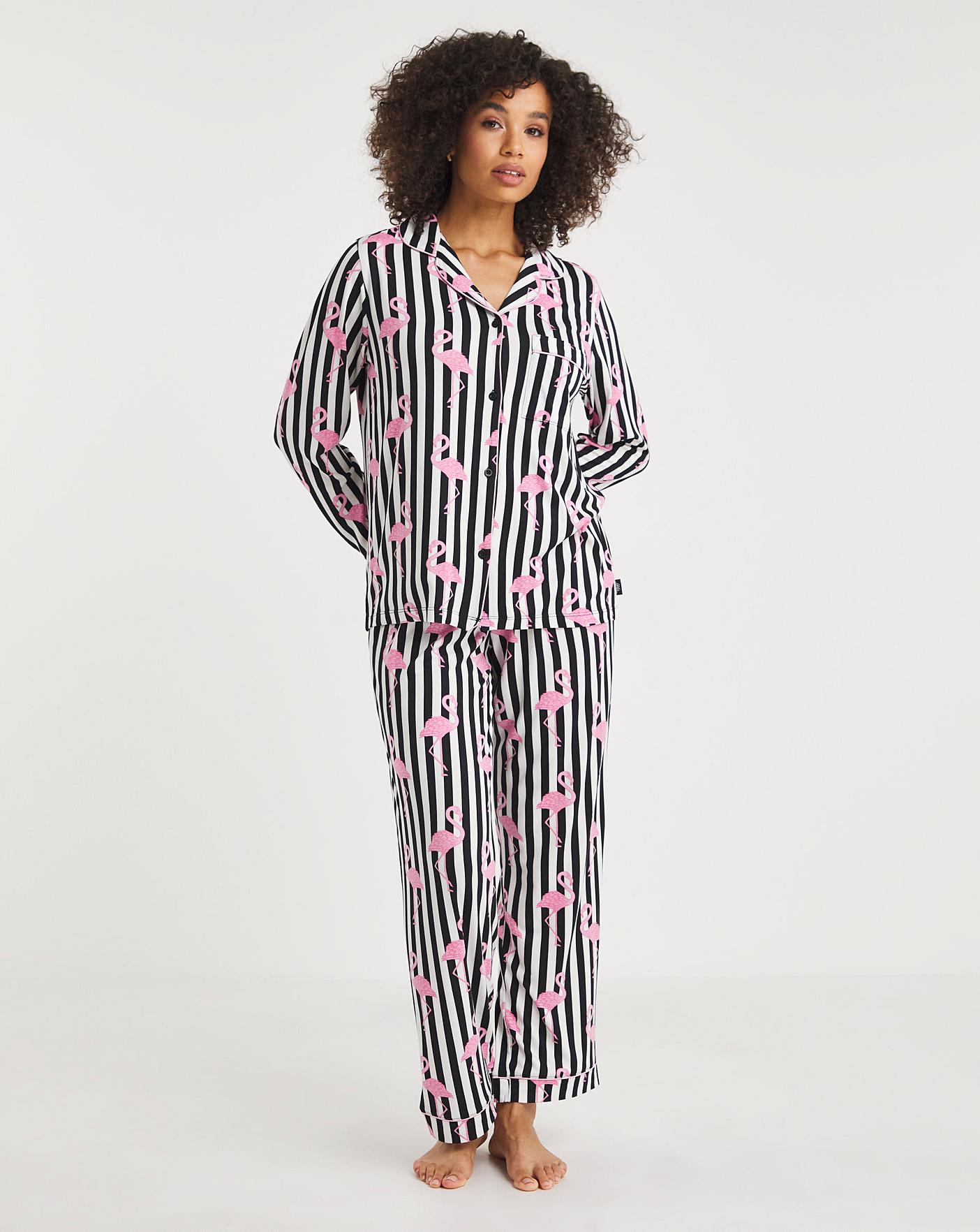  Exclusive To Us Chelsea Peers Jersey Flamingo Print Button Up Pyjama Set| Navy Stripe