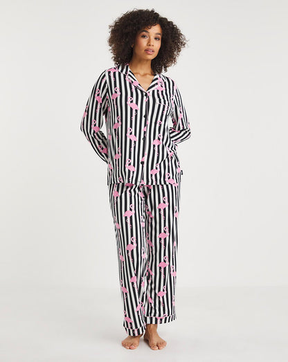  Exclusive To Us Chelsea Peers Jersey Flamingo Print Button Up Pyjama Set| Navy Stripe