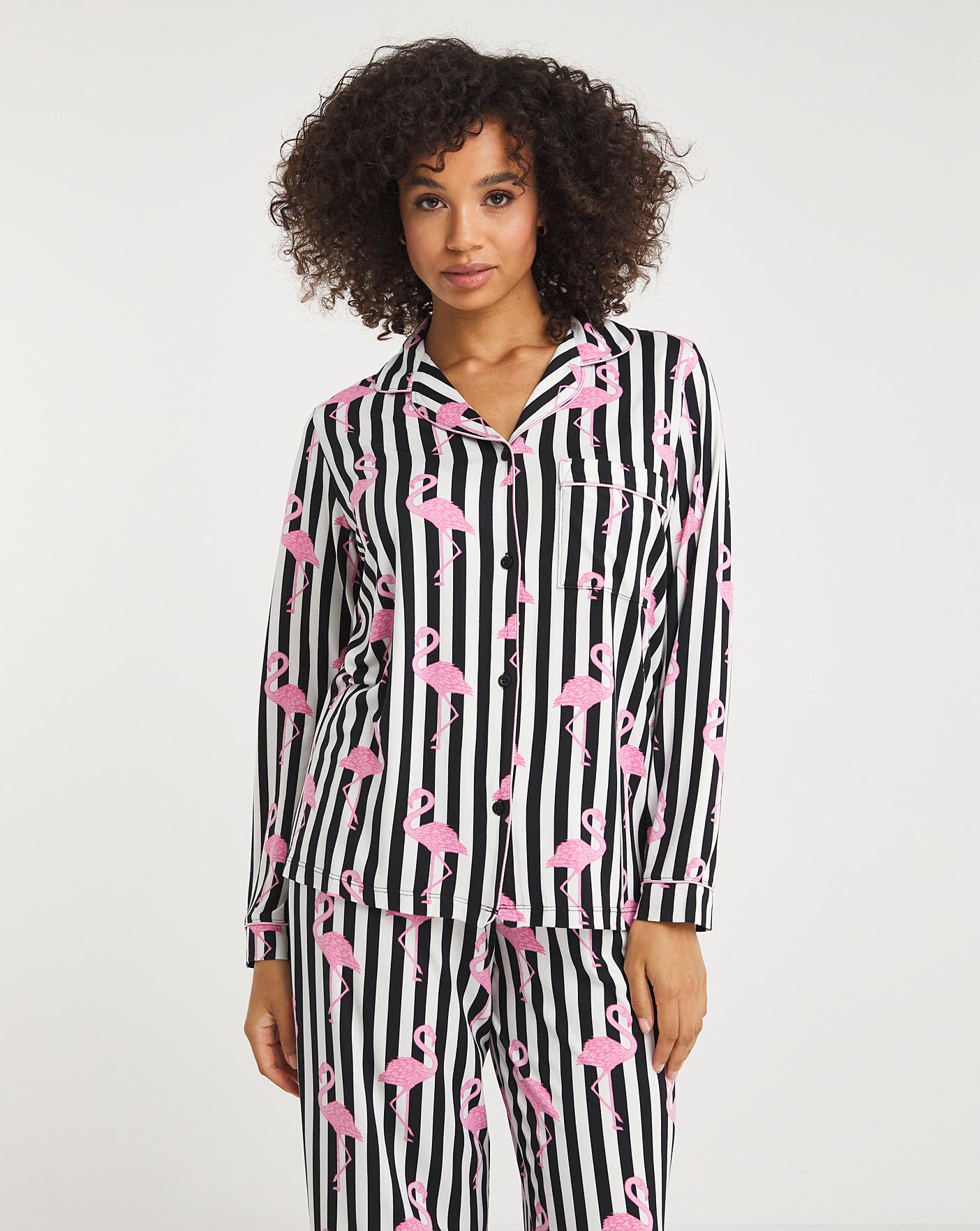  Exclusive To Us Chelsea Peers Jersey Flamingo Print Button Up Pyjama Set| Navy Stripe