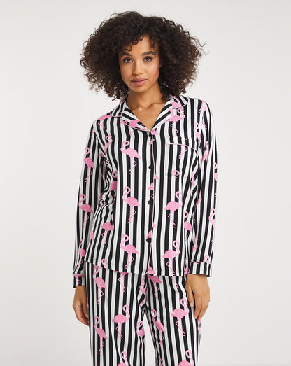  Exclusive To Us Chelsea Peers Jersey Flamingo Print Button Up Pyjama Set| Navy Stripe