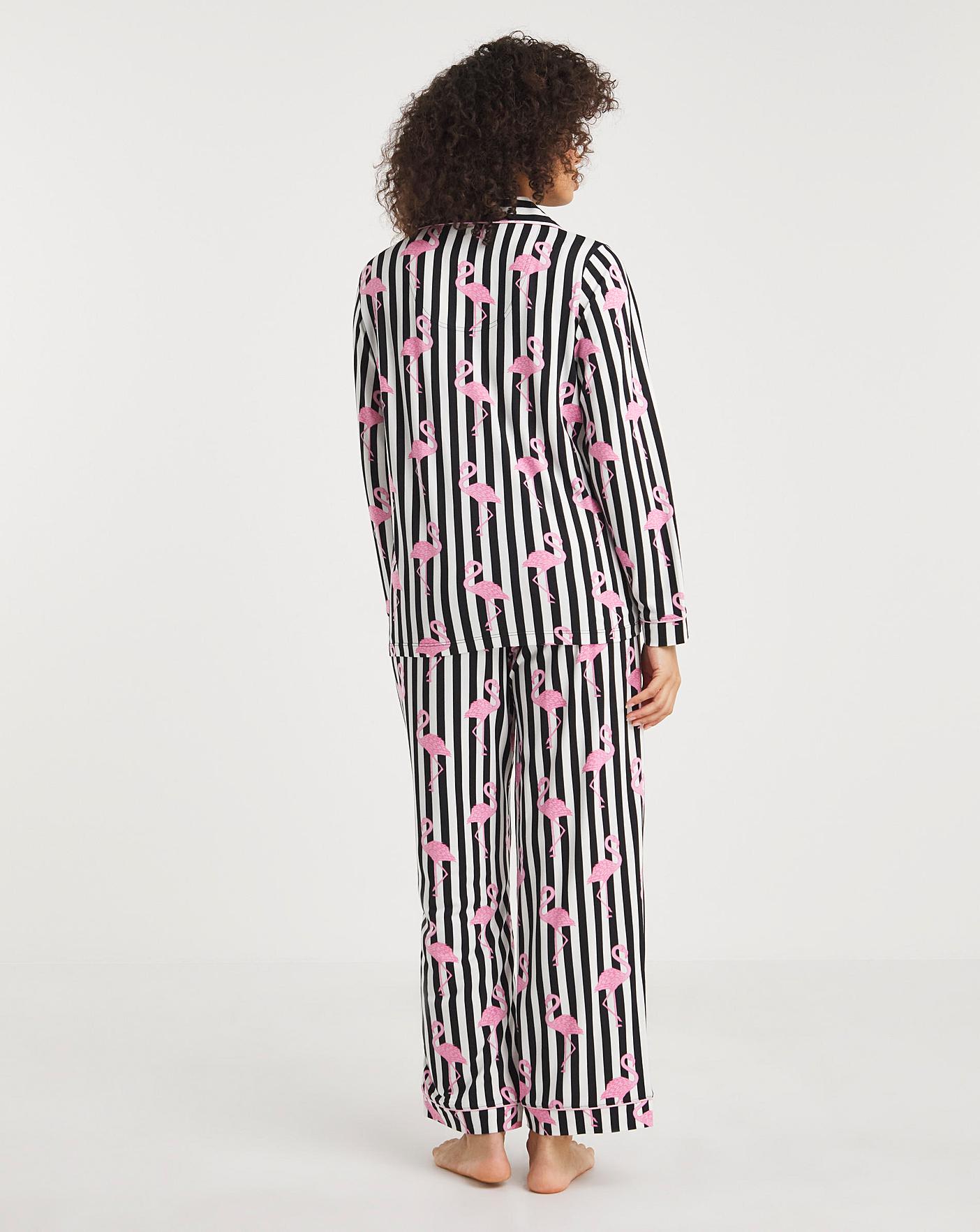  Exclusive To Us Chelsea Peers Jersey Flamingo Print Button Up Pyjama Set| Navy Stripe