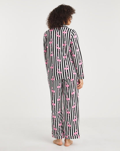  Exclusive To Us Chelsea Peers Jersey Flamingo Print Button Up Pyjama Set| Navy Stripe