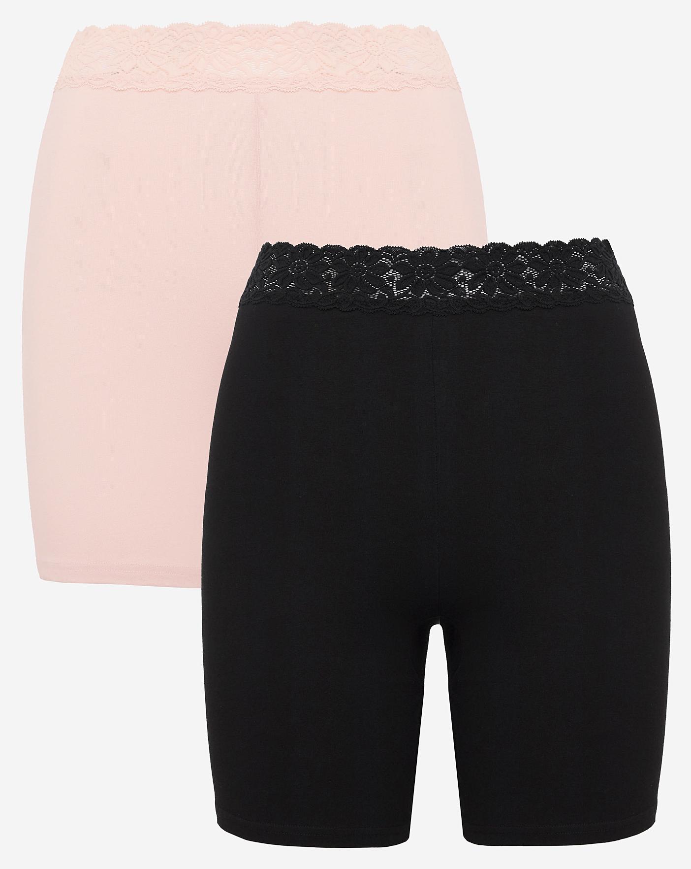  2 Pack Lace Trim Cotton Comfort Shorts| Black/Blush
