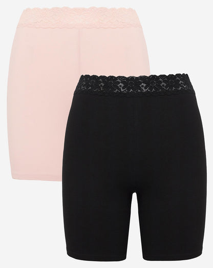  2 Pack Lace Trim Cotton Comfort Shorts| Black/Blush