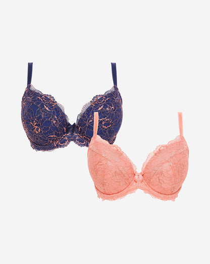  Pretty Secrets 2 Pack Ella Lace Padded Plunge Wired Bras| Navy/Copper