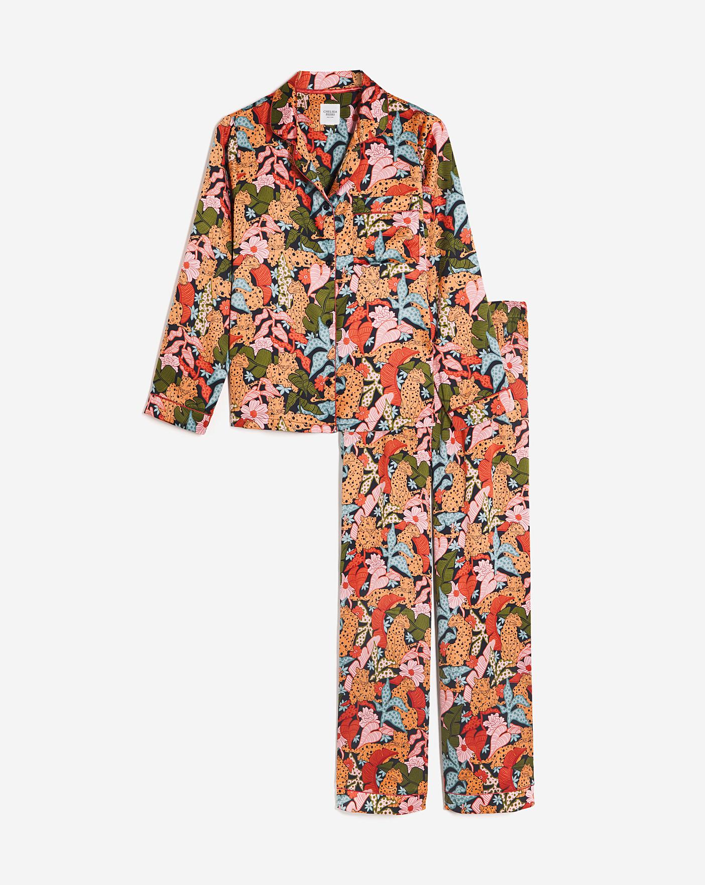 Chelsea Peers Woven Satin Jungle Leopard Print PJ Set| Orange