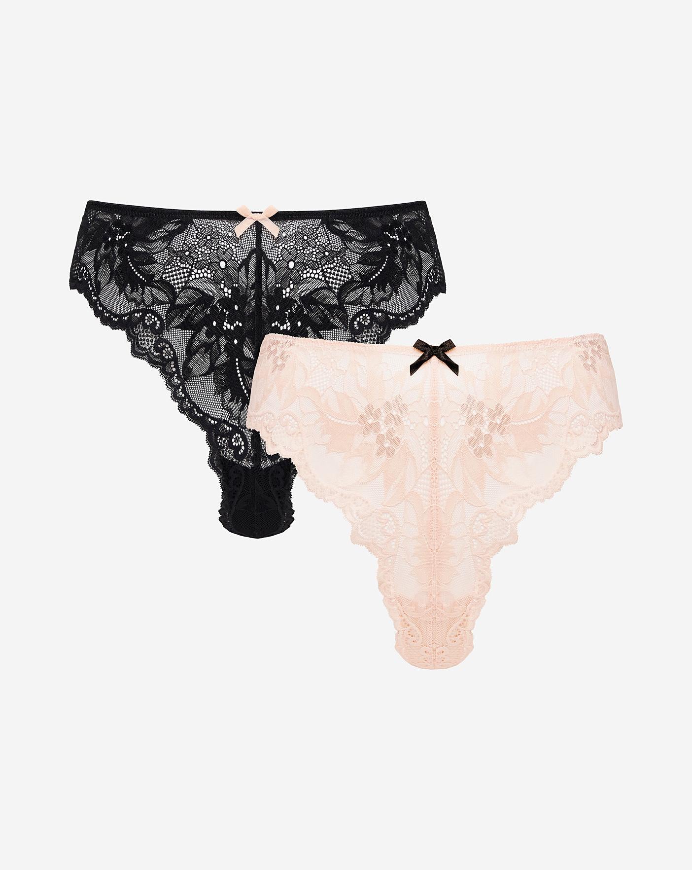  2 Pack High Leg Lace Thongs| Black/Blush