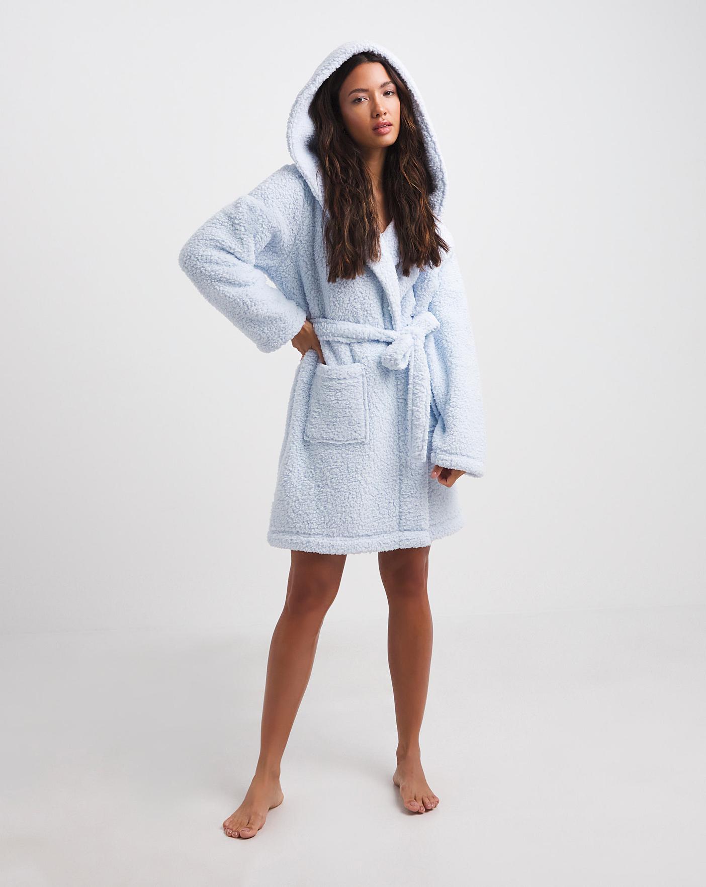  Pretty Secrets Short Sherpa Hooded Dressing Gown| Light Blue