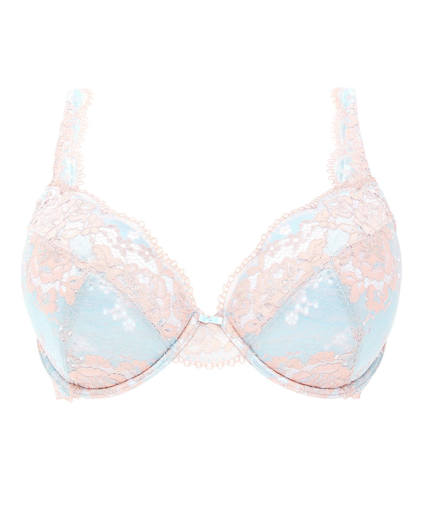  Contemporary Lace Padded Plunge Bra| Blue/Peach