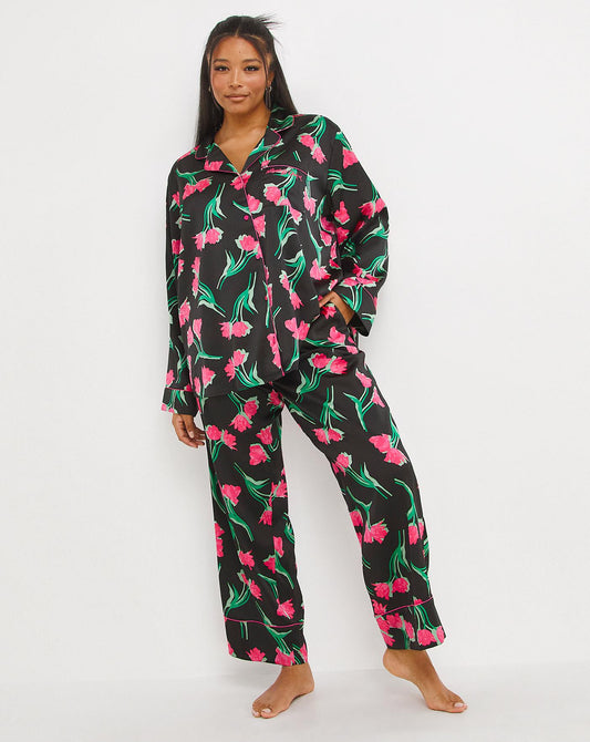  Nobodys Child Satin Revere Long Sleeve PJ Set| Black