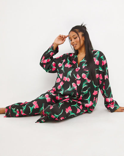  Nobodys Child Satin Revere Long Sleeve PJ Set| Black