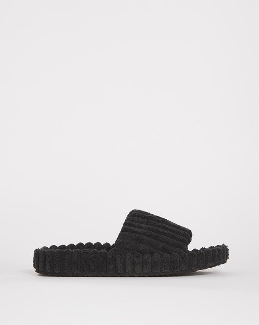 Simply Be Cadiz Ribbed Towelling Slider Slippers Wide Fit| Black