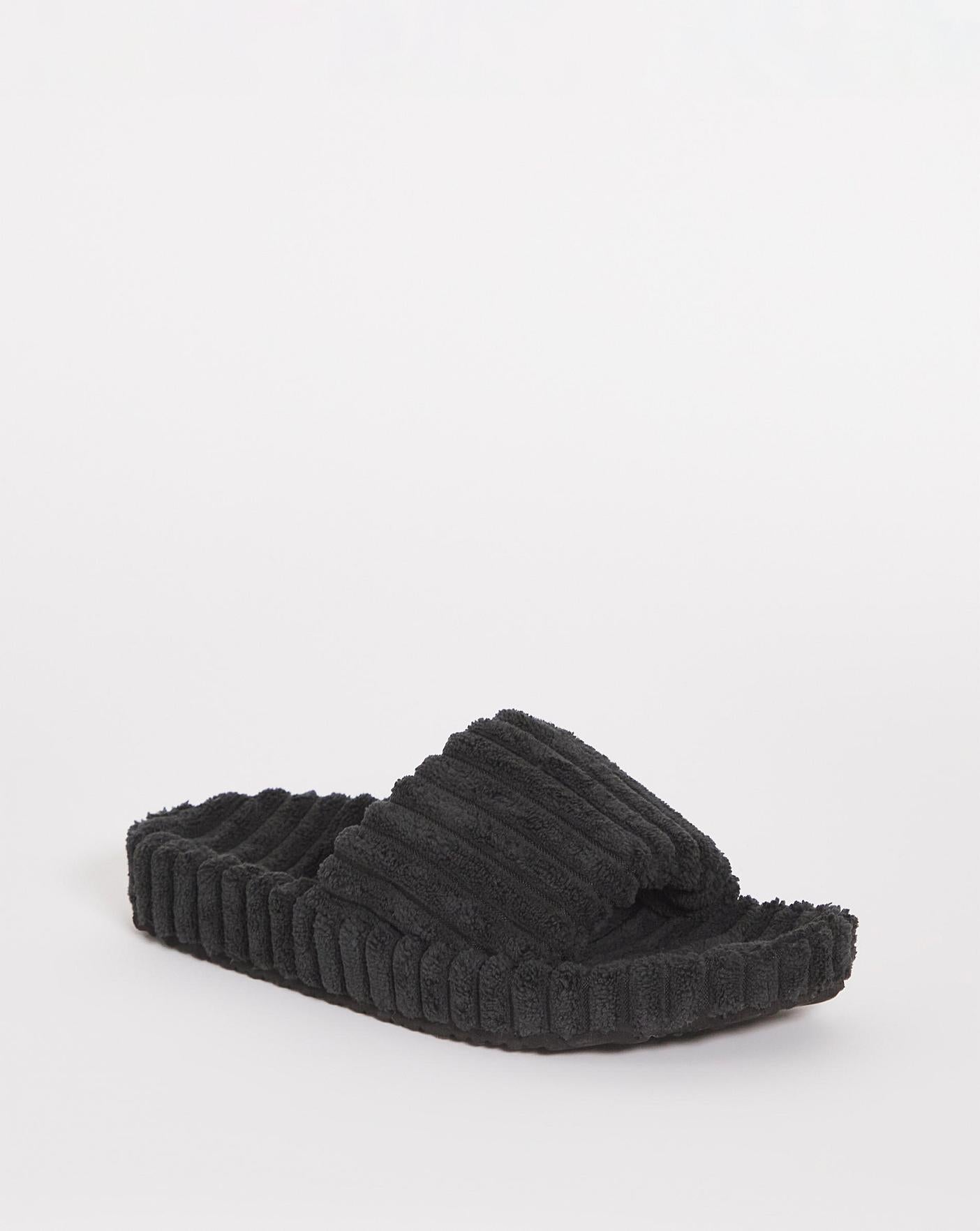 Simply Be Cadiz Ribbed Towelling Slider Slippers Wide Fit| Black