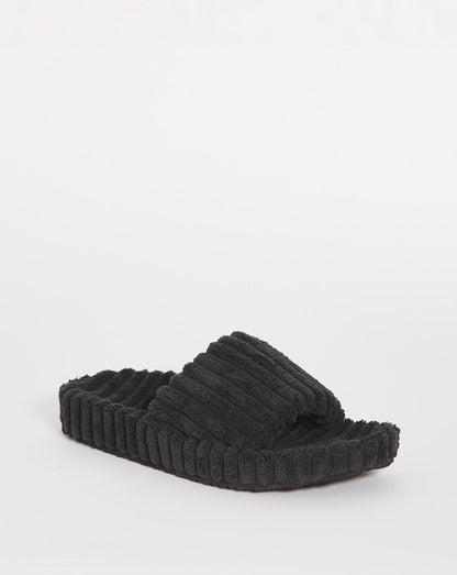 Simply Be Cadiz Ribbed Towelling Slider Slippers Ex Wide Fit| Black