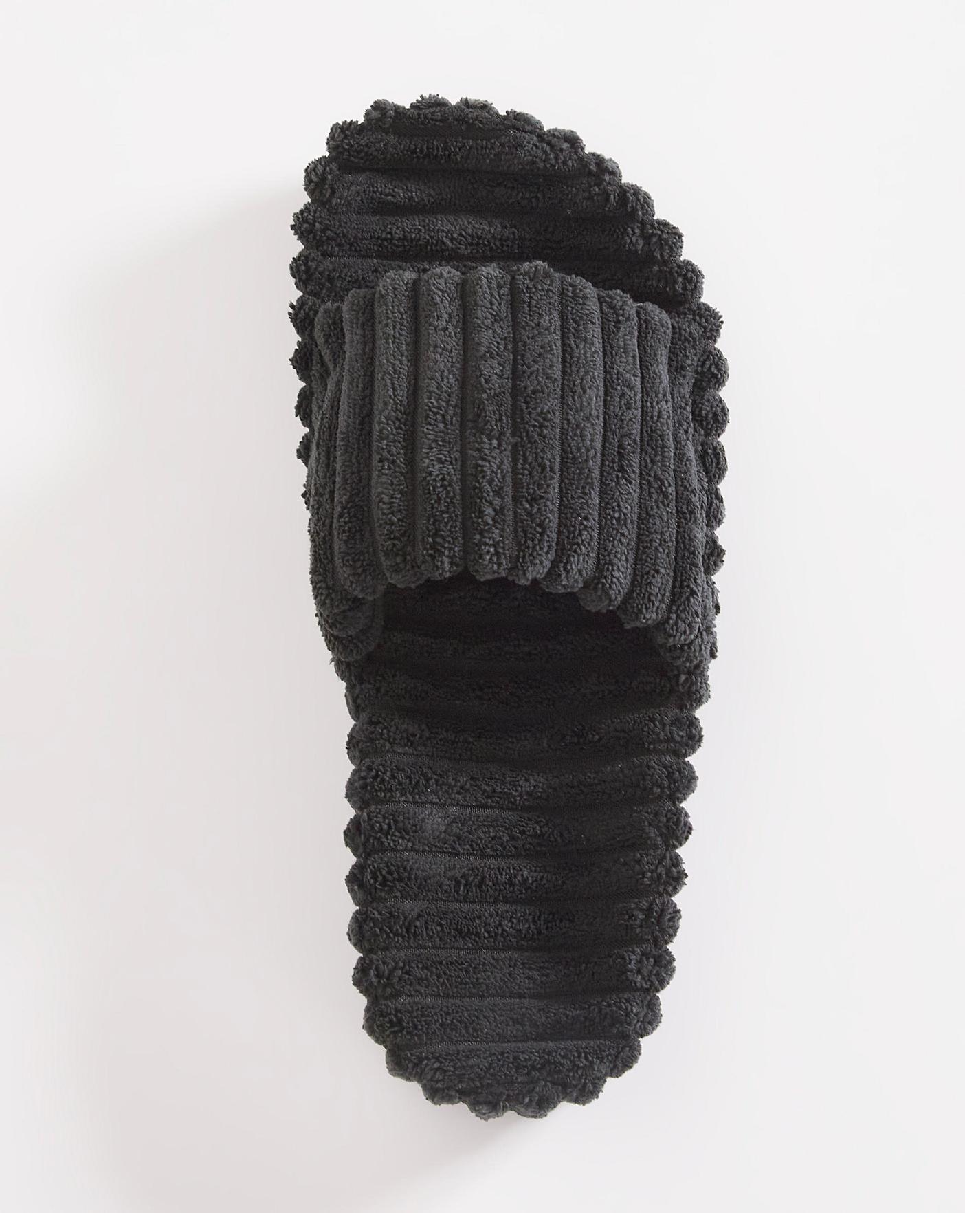 Simply Be Cadiz Ribbed Towelling Slider Slippers Wide Fit| Black