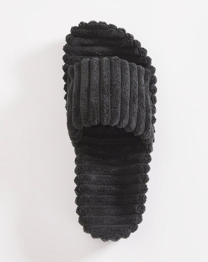 Simply Be Cadiz Ribbed Towelling Slider Slippers Wide Fit| Black
