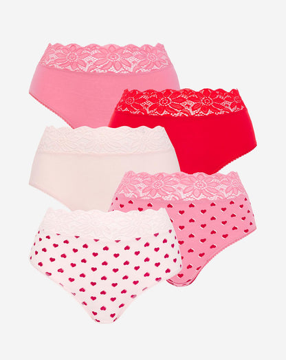  5 Pack Lace Top Full Fit Briefs| Red Hearts