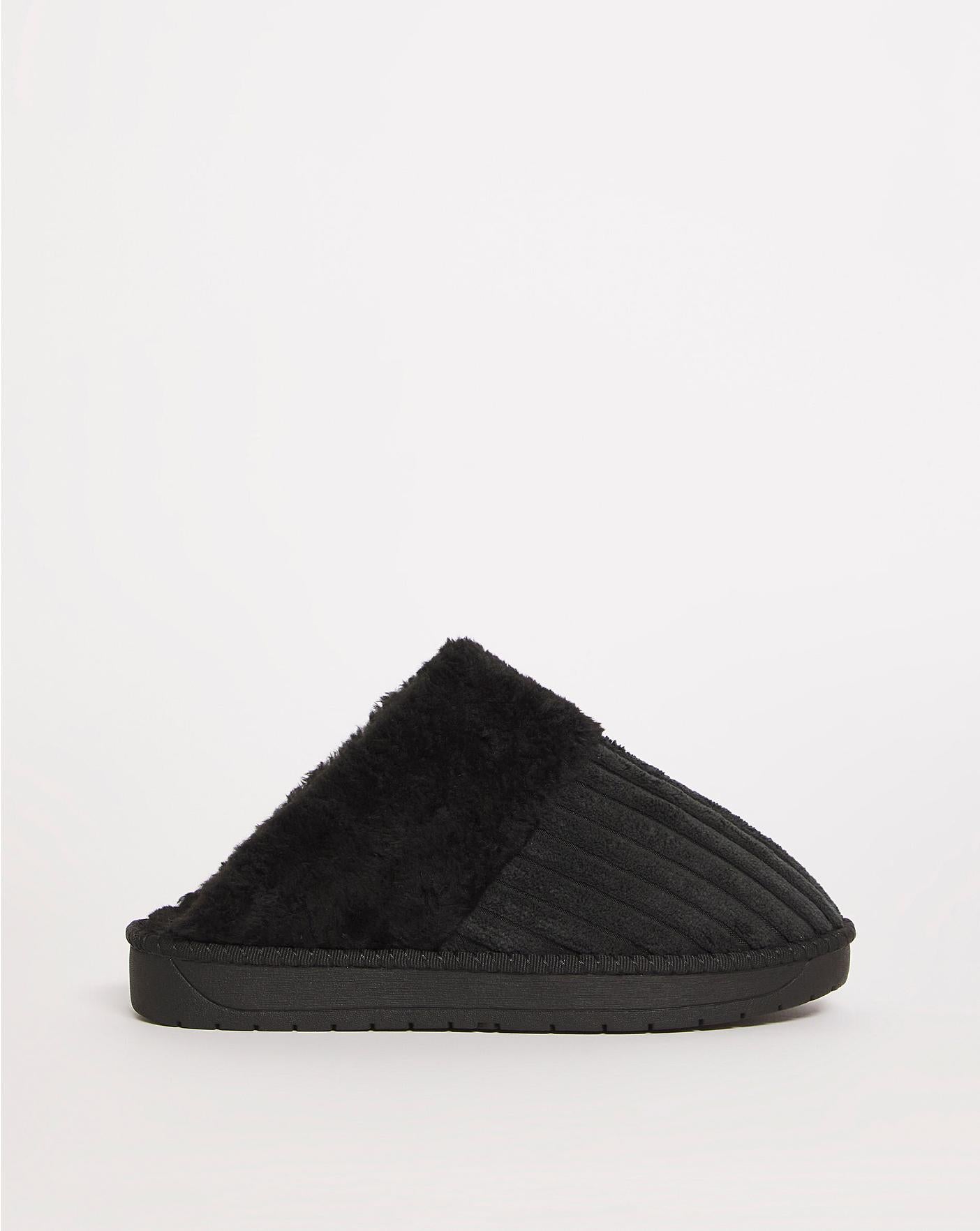 Simply Be Pammy Closed Toe Faux Fur Lined Slippers Wide Fit Simply Comfort| Black