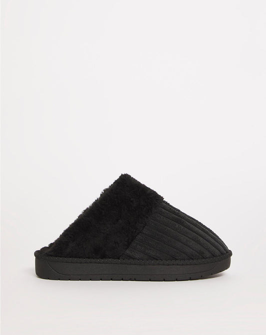 Simply Be Pammy Closed Toe Faux Fur Lined Slippers Wide Fit Simply Comfort| Black