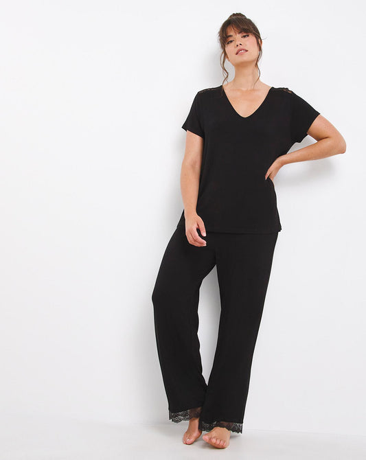  Figleaves Camelia Modal Short Top With Lace & Wide Leg Trouser PJ Set| Black