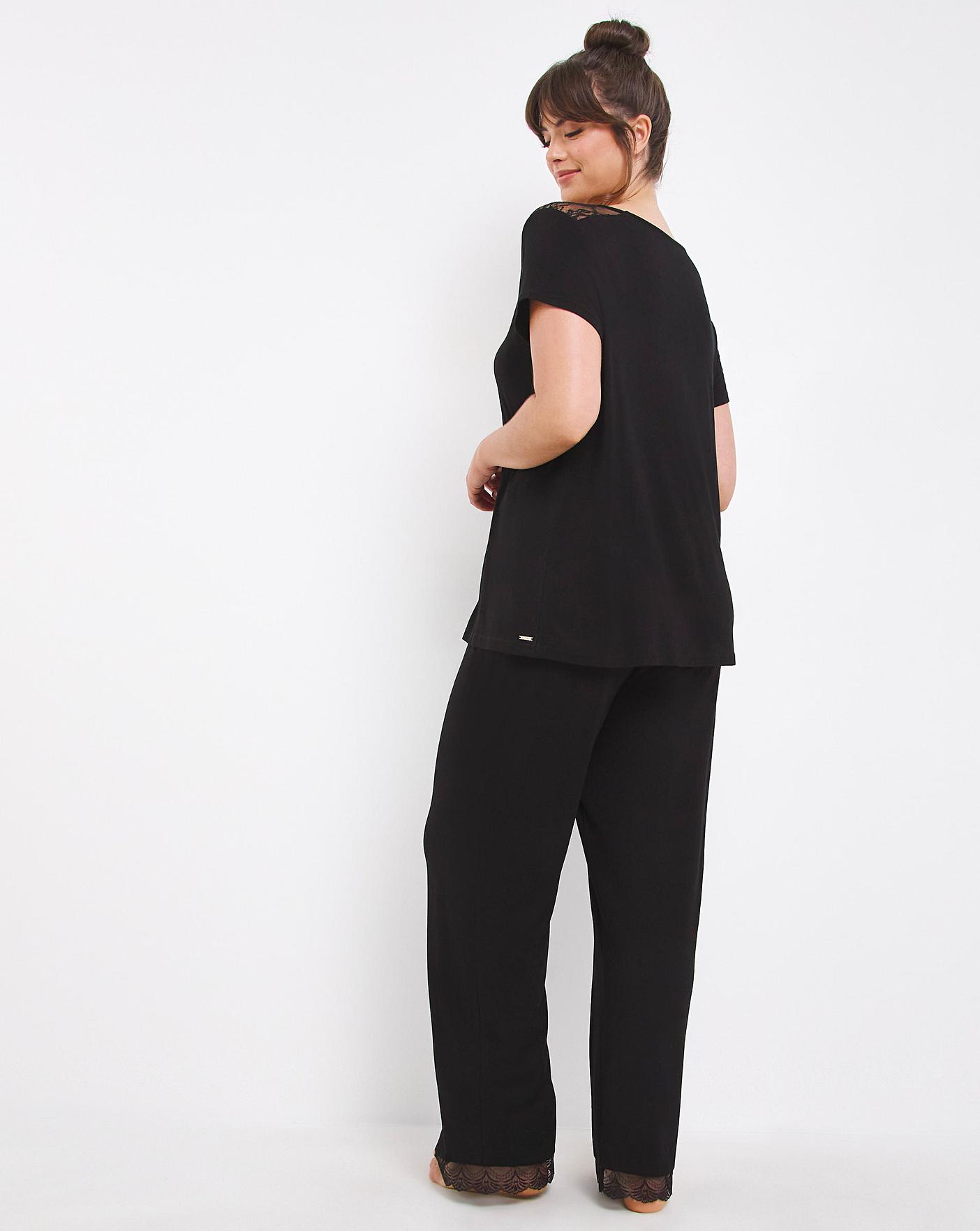  Figleaves Camelia Modal Short Top With Lace & Wide Leg Trouser PJ Set| Black