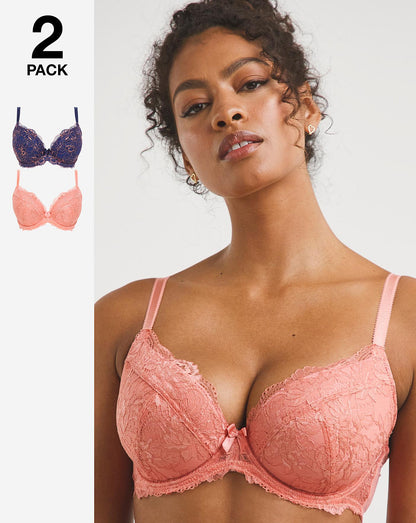  Pretty Secrets 2 Pack Ella Lace Padded Plunge Wired Bras| Navy/Copper