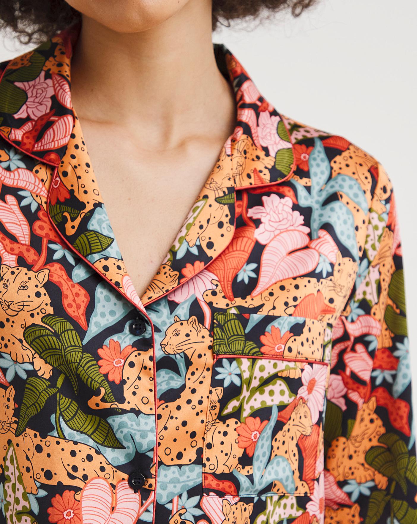  Chelsea Peers Woven Satin Jungle Leopard Print PJ Set| Orange