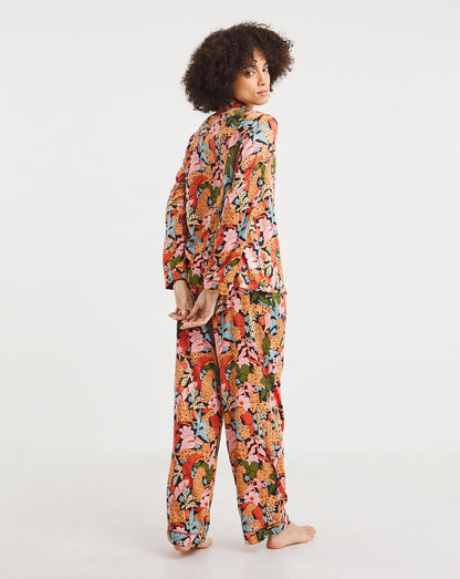  Chelsea Peers Woven Satin Jungle Leopard Print PJ Set| Orange