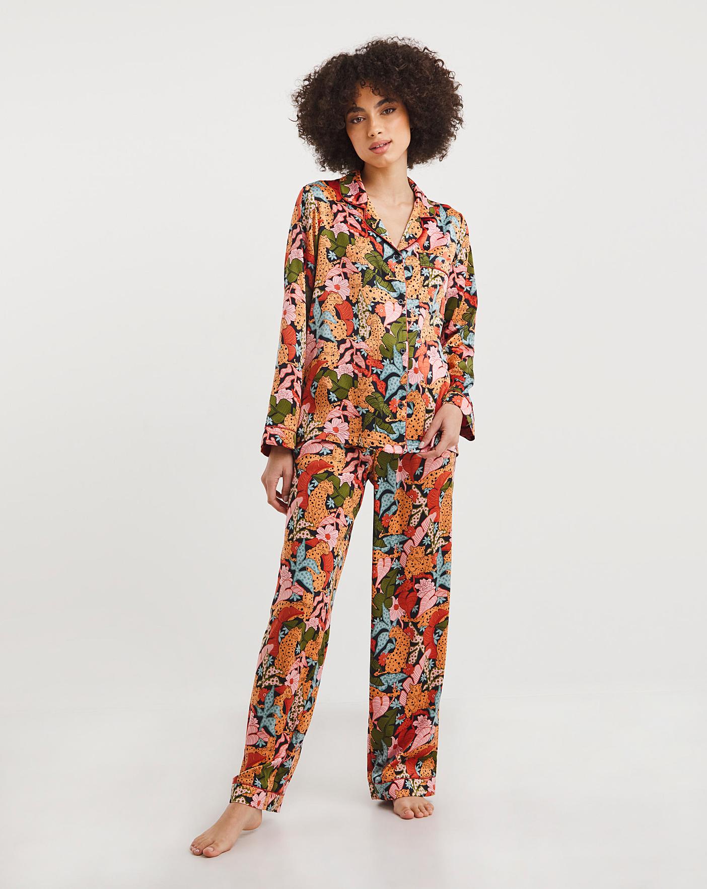  Chelsea Peers Woven Satin Jungle Leopard Print PJ Set| Orange