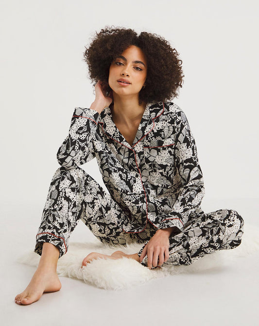  Chelsea Peers Cotton Two-Tone Leopard Print PJ Set| Black