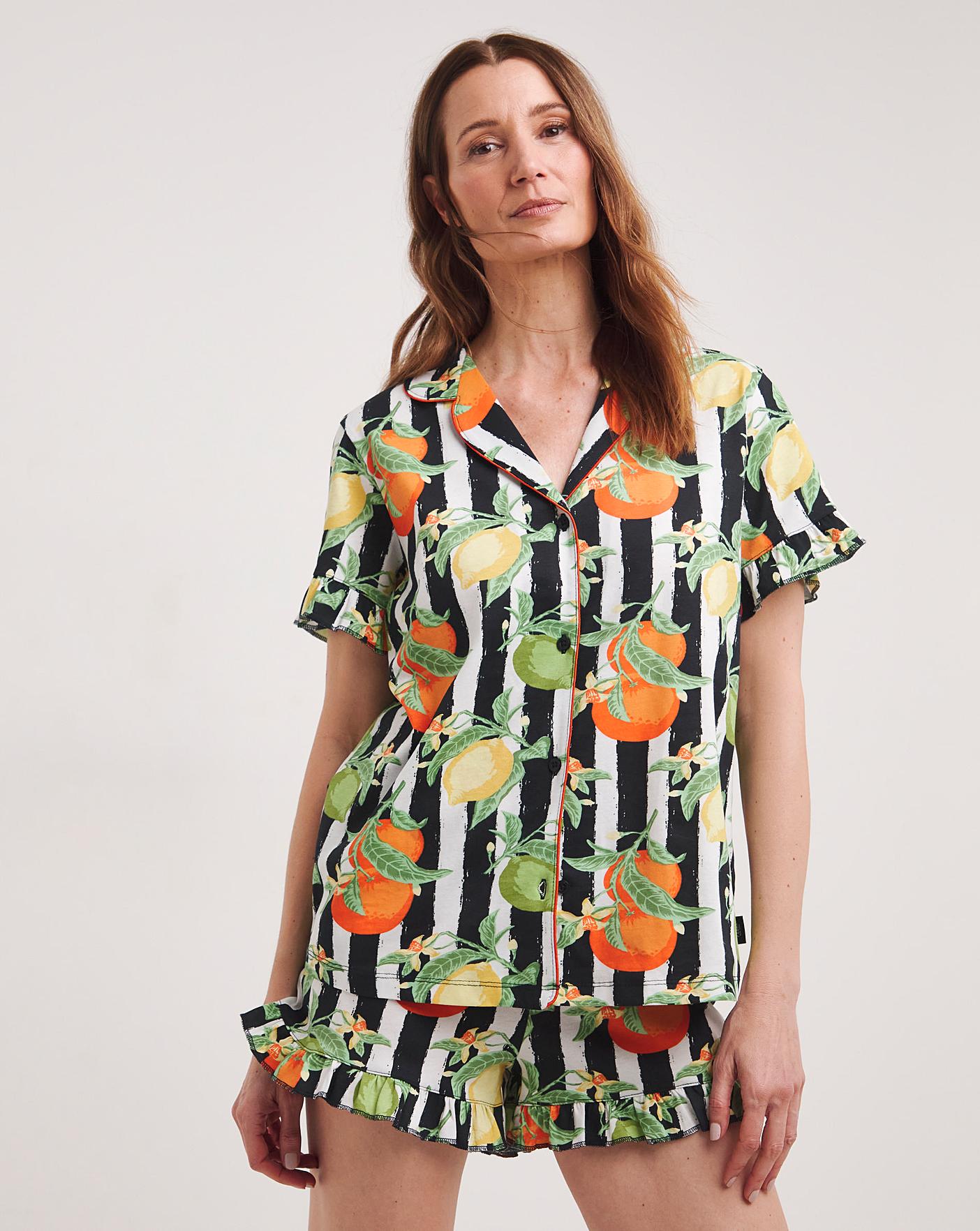  Chelsea Peers Fruit Stripe Print Frill Hem Shortie PJ Set| Navy Print