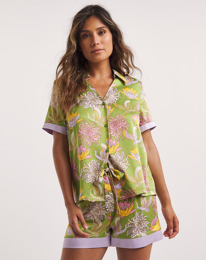  Chelsea Peers Woven Satin Olive Print Shorts Pyjama Set| Olive Print