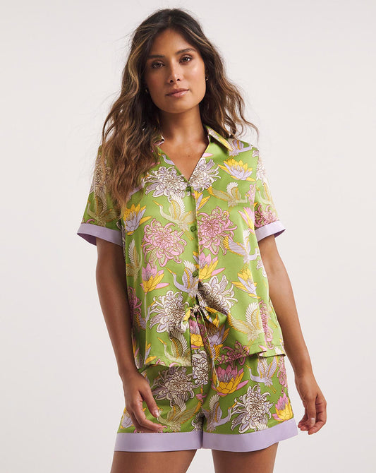  Chelsea Peers Woven Satin Olive Print Shorts Pyjama Set| Olive Print