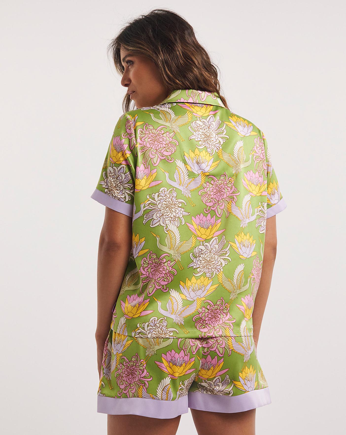  Chelsea Peers Woven Satin Olive Print Shorts Pyjama Set| Olive Print
