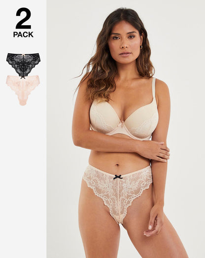  2 Pack High Leg Lace Thongs| Black/Blush