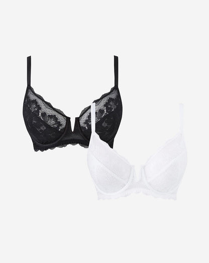 Pretty Secrets 2 Pack Katie Black/White Lace Full Cup Wired Bras| Black/White