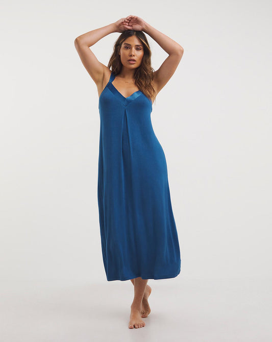  Pretty Secrets Viscose Satin Trim Nightie Length 47 Inches| Blue