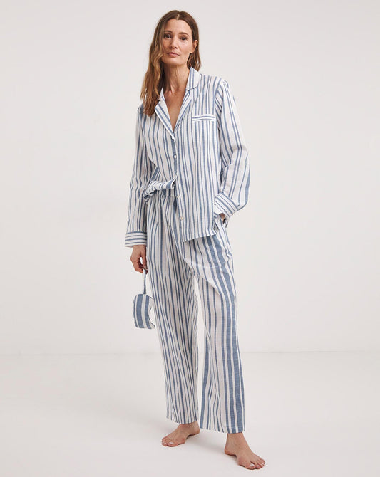  Hotel Collection Button Through Cotton Pyjama Set With Eye Mask| WHITE STRIPE