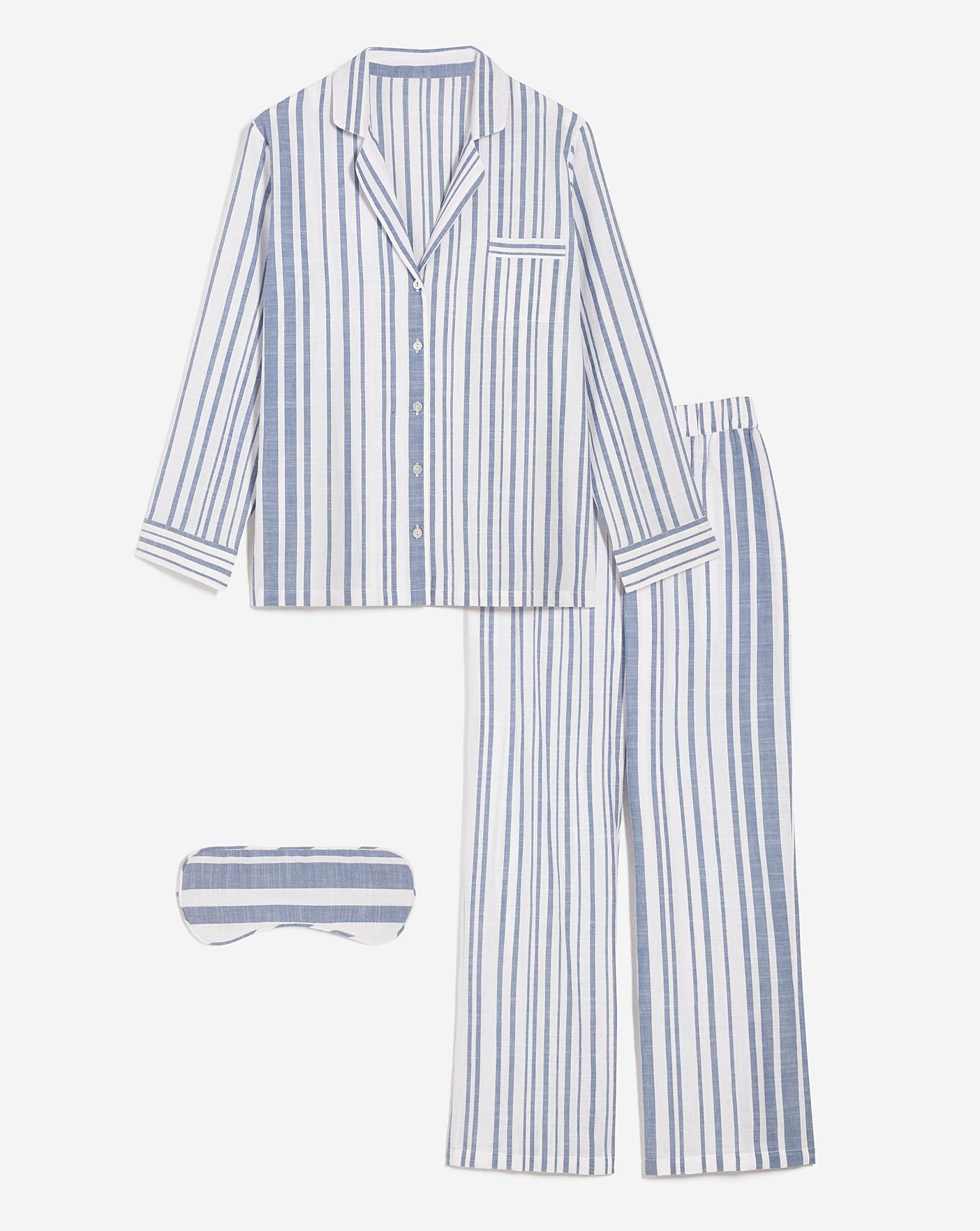  Hotel Collection Button Through Cotton Pyjama Set With Eye Mask| WHITE STRIPE