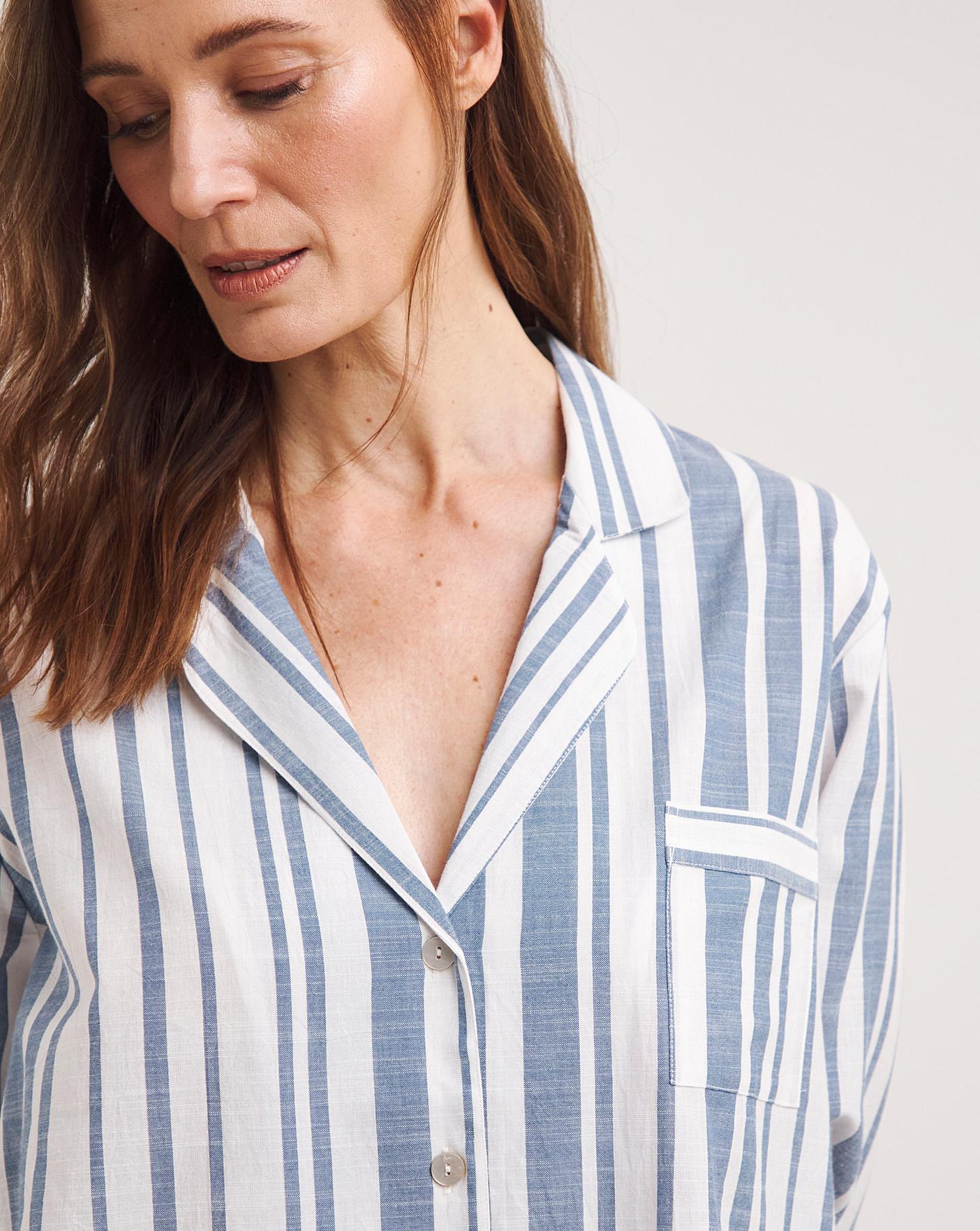  Hotel Collection Cotton Button Through Night Shirt| WHITE STRIPE