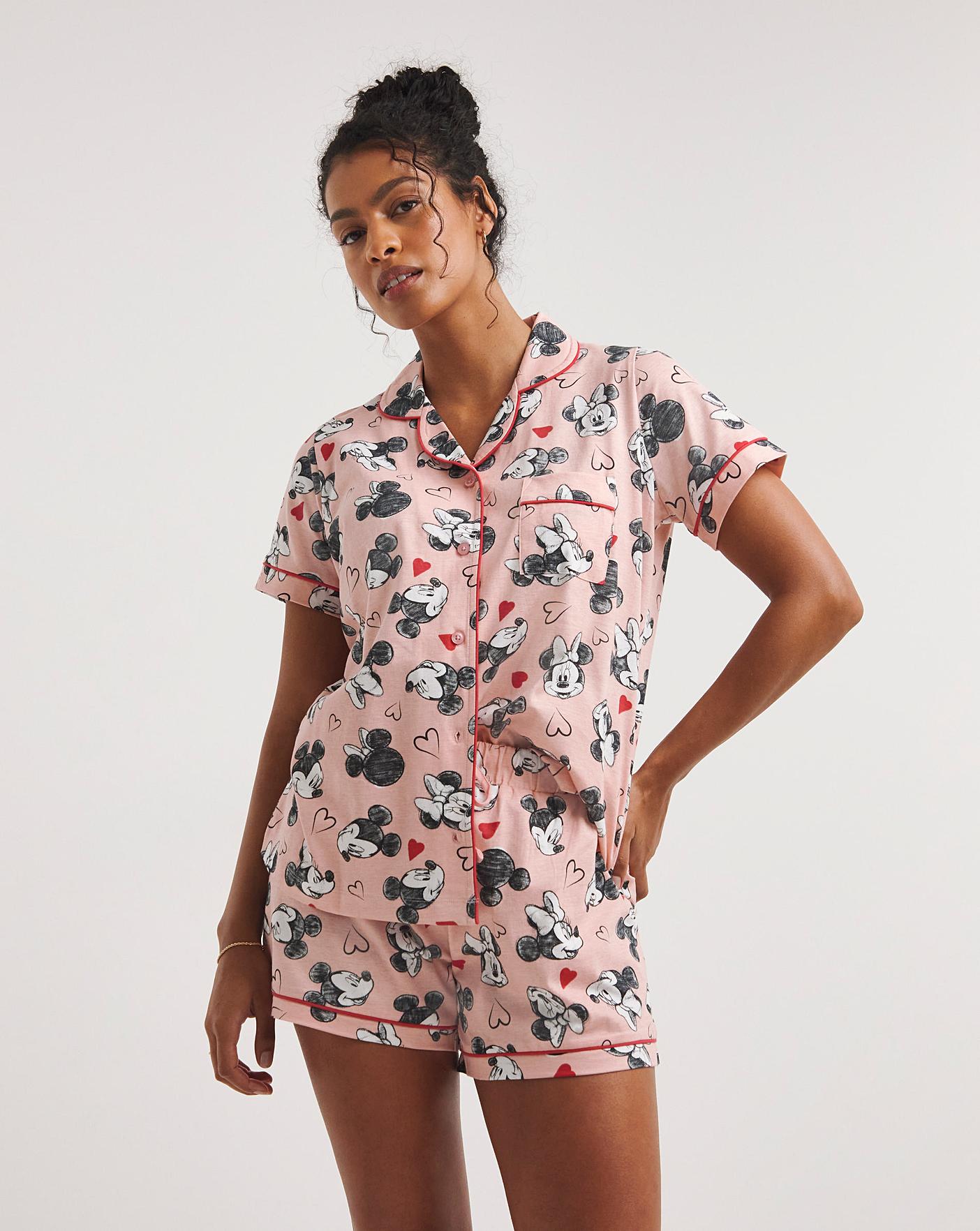Disney Mickey And Minnie Mouse Cotton Button Through Pyjama Shortie Set| Pink