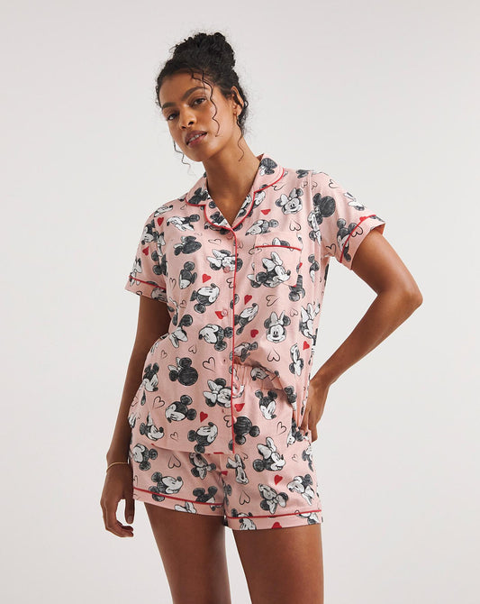 Disney Mickey And Minnie Mouse Cotton Button Through Pyjama Shortie Set| Pink