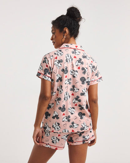 Disney Mickey And Minnie Mouse Cotton Button Through Pyjama Shortie Set| Pink