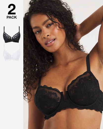  Pretty Secrets 2 Pack Katie Black/White Lace Full Cup Wired Bras| Black/White